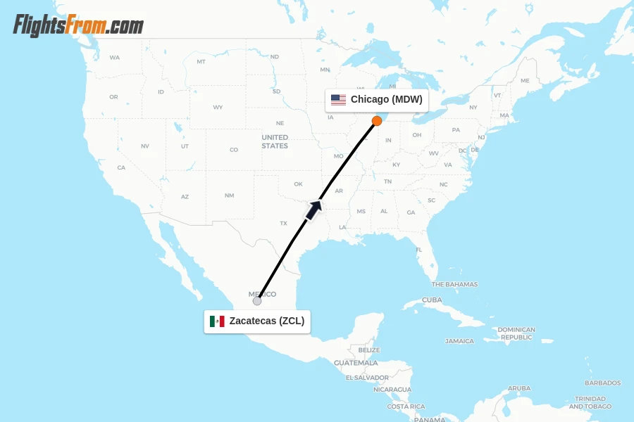 Flights from Zacatecas to Chicago route map