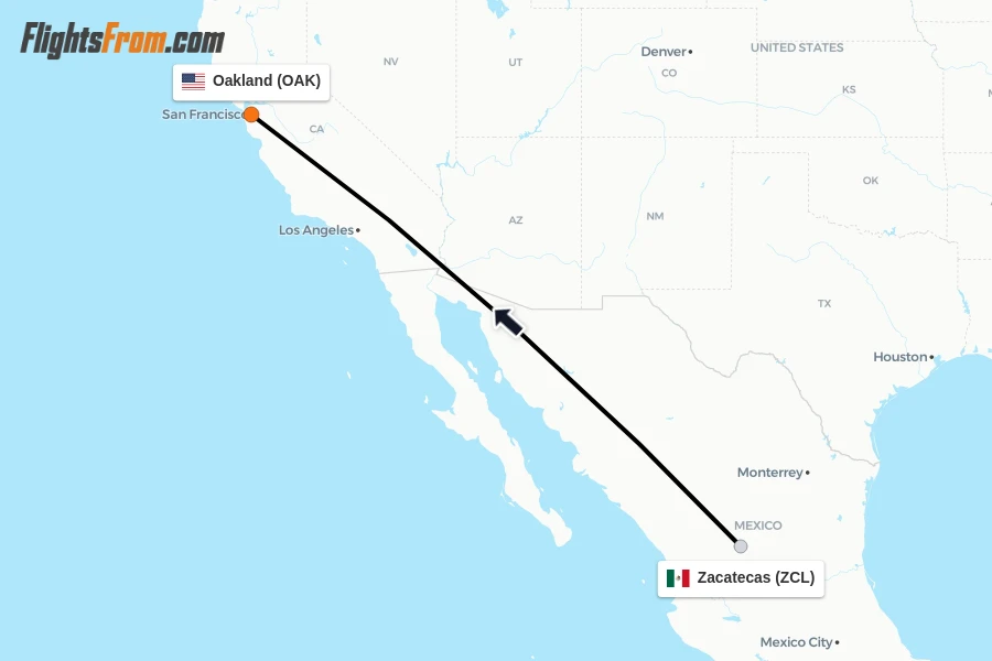 Flights from Zacatecas to Oakland route map