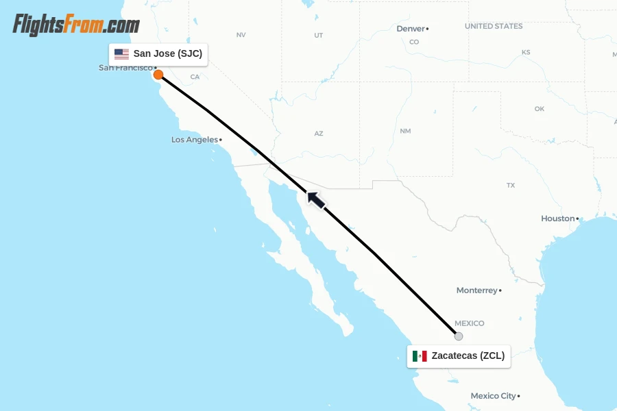Flights from Zacatecas to San Jose route map