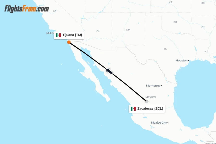 Flights from Zacatecas to Tijuana route map