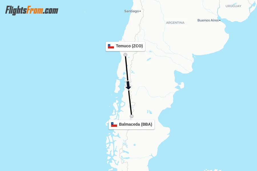 Flights from Temuco to Balmaceda route map