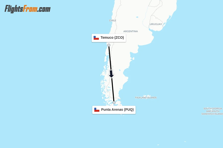 Flights from Temuco to Punta Arenas route map