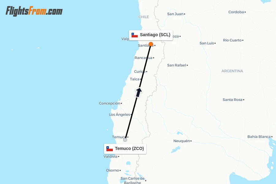 Flights from Temuco to Santiago route map