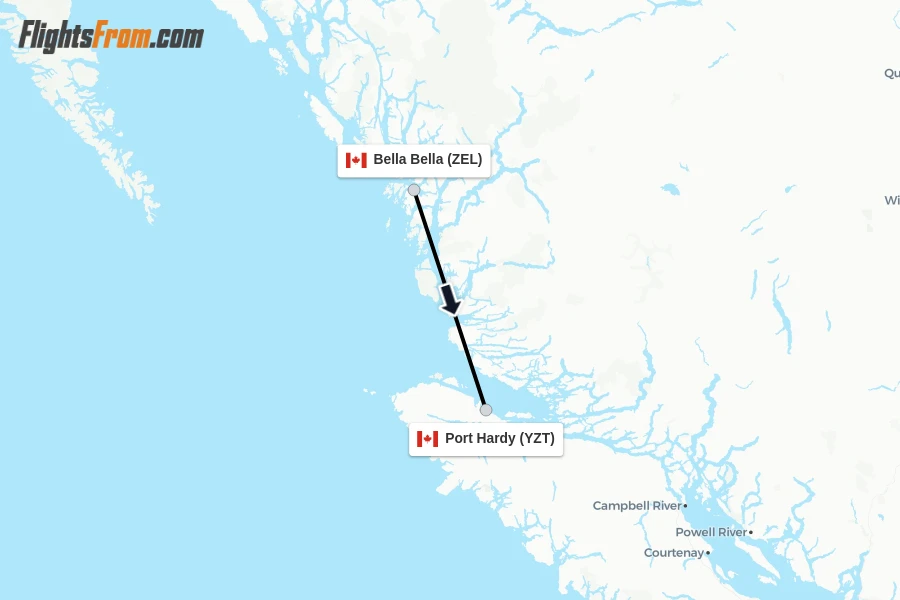 Flights from Bella Bella to Port Hardy route map