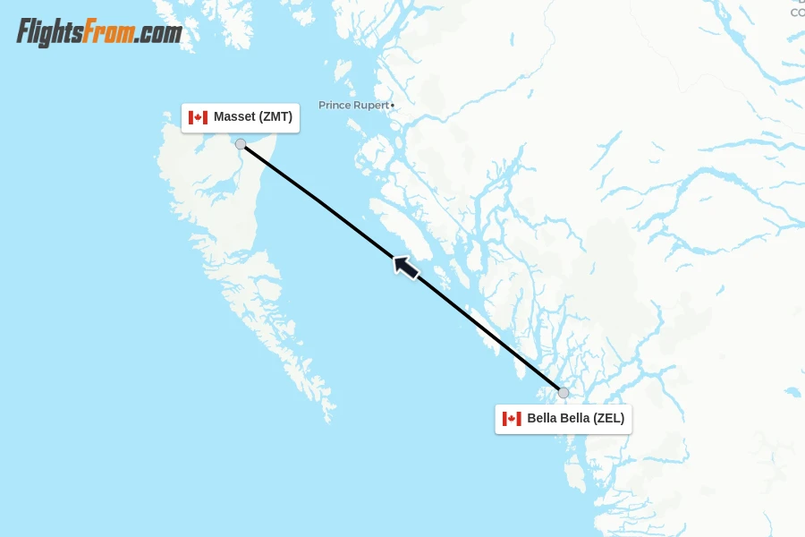 Flights from Bella Bella to Masset route map