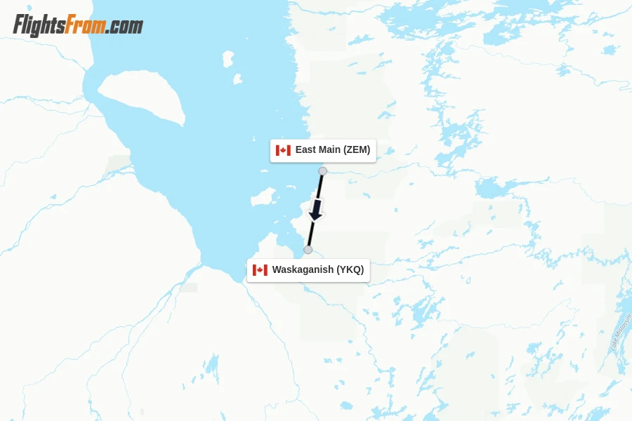 Flights from East Main to Waskaganish route map