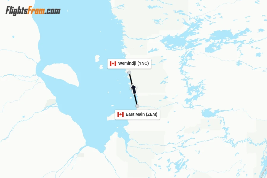 Flights from East Main to Wemindji route map