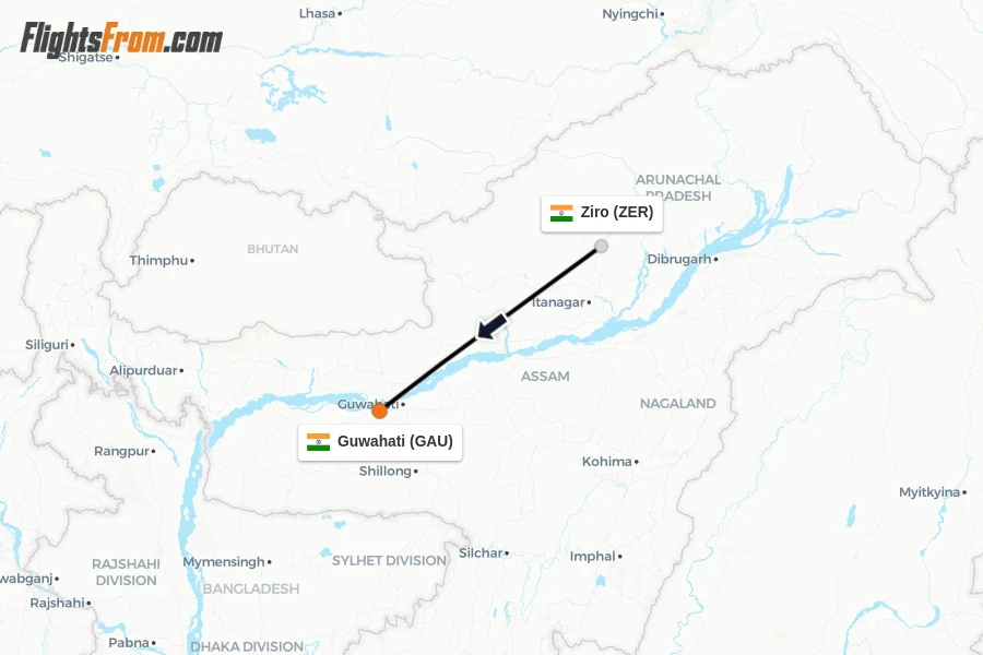 Flights from Ziro to Guwahati route map