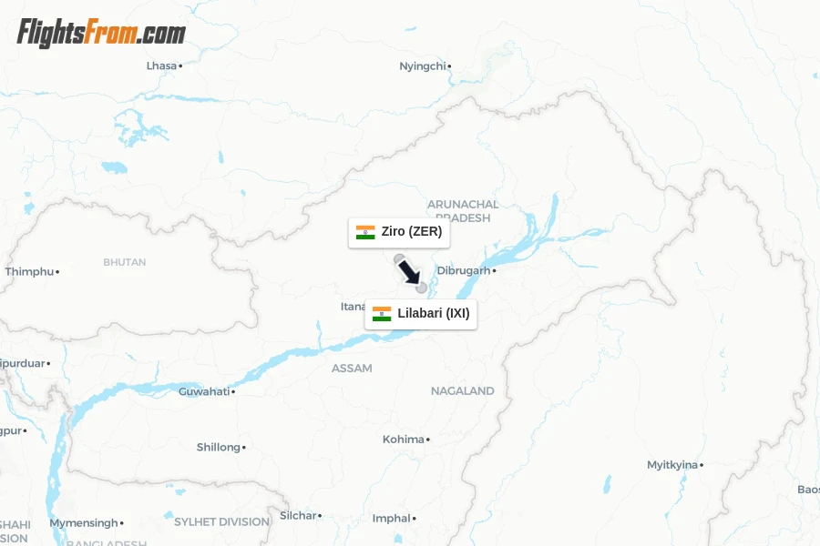 Flights from Ziro to Lilabari route map