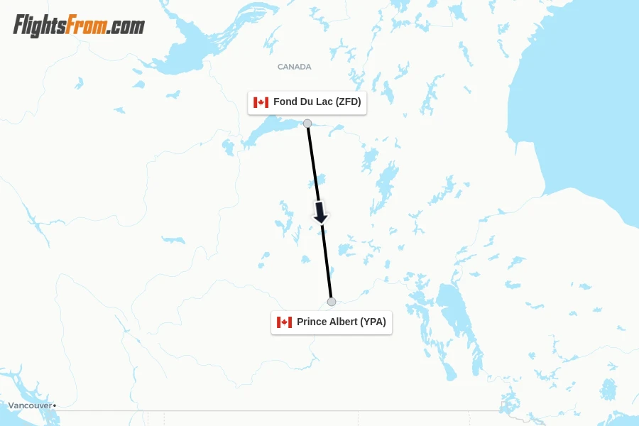 Flights from Fond Du Lac to Prince Albert route map