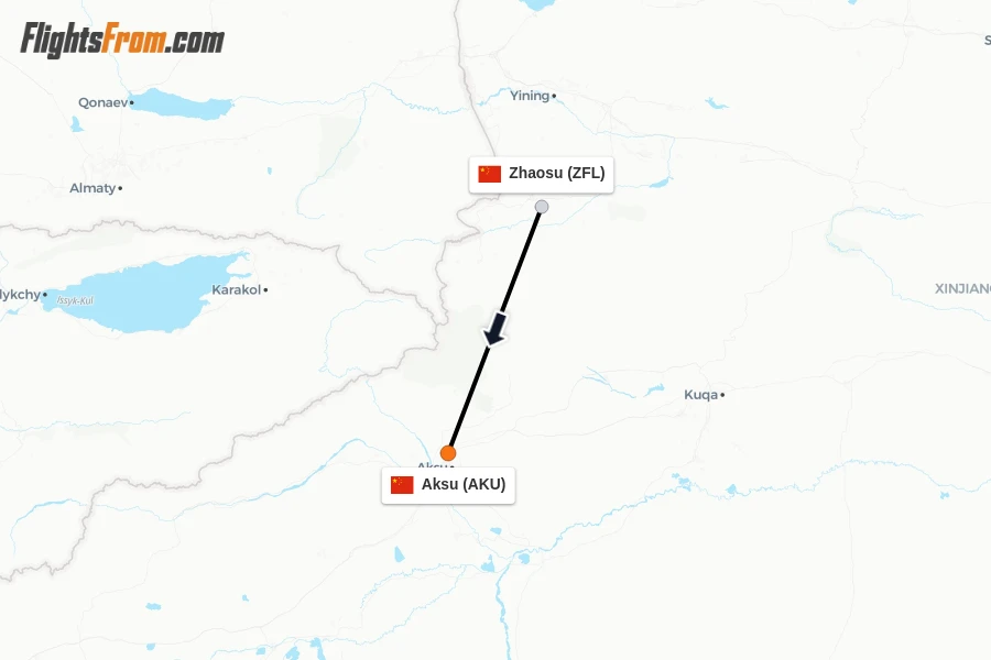 Flights from Zhaosu to Aksu route map