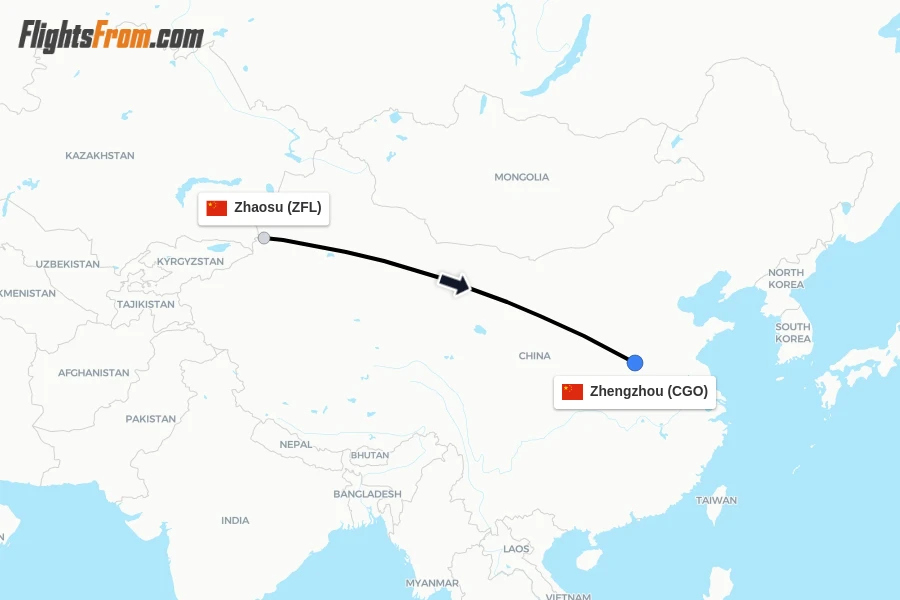 Flights from Zhaosu to Zhengzhou route map