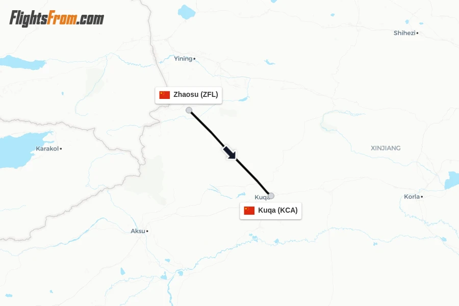 Flights from Zhaosu to Kuqa route map