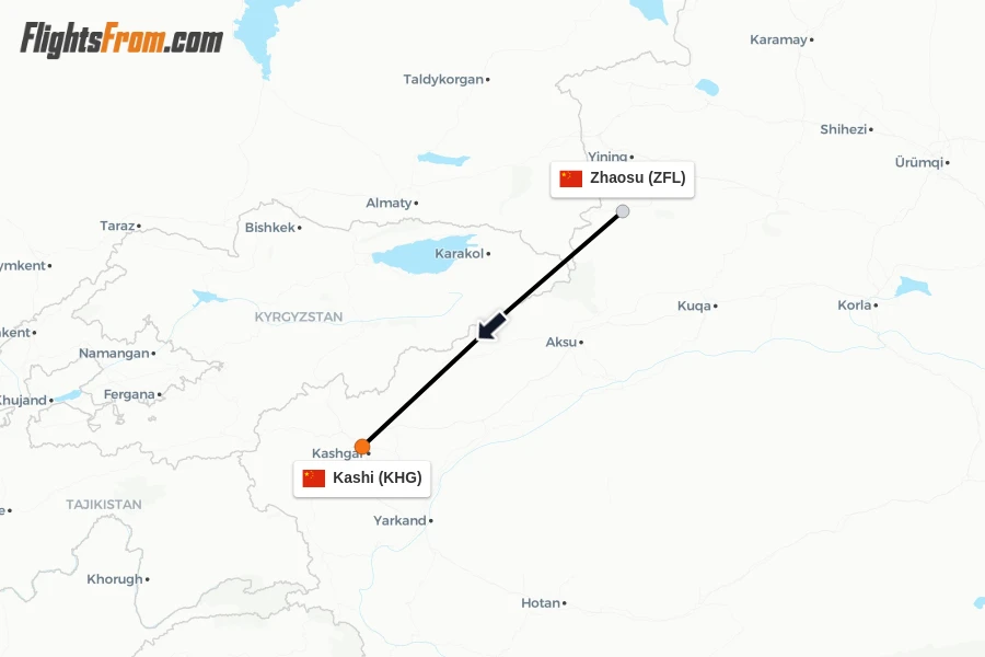 Flights from Zhaosu to Kashi route map
