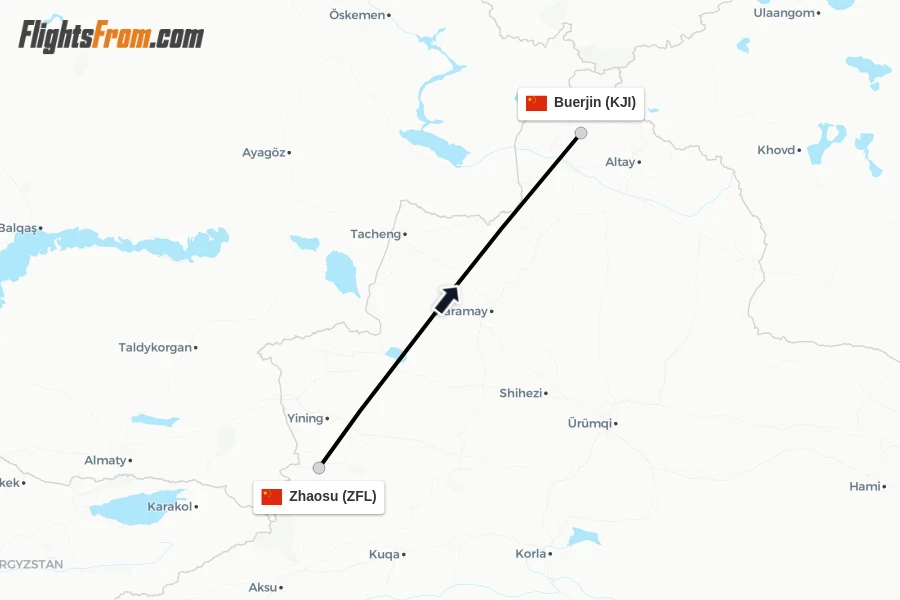 Flights from Zhaosu to Buerjin route map