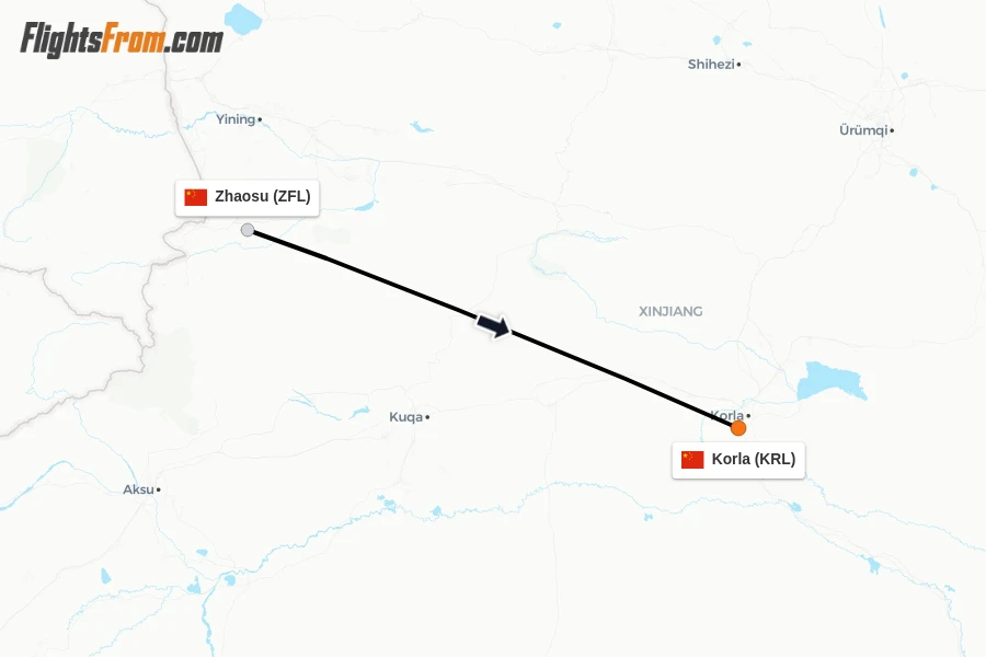 Flights from Zhaosu to Korla route map