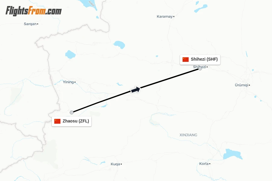 Flights from Zhaosu to Shihezi route map