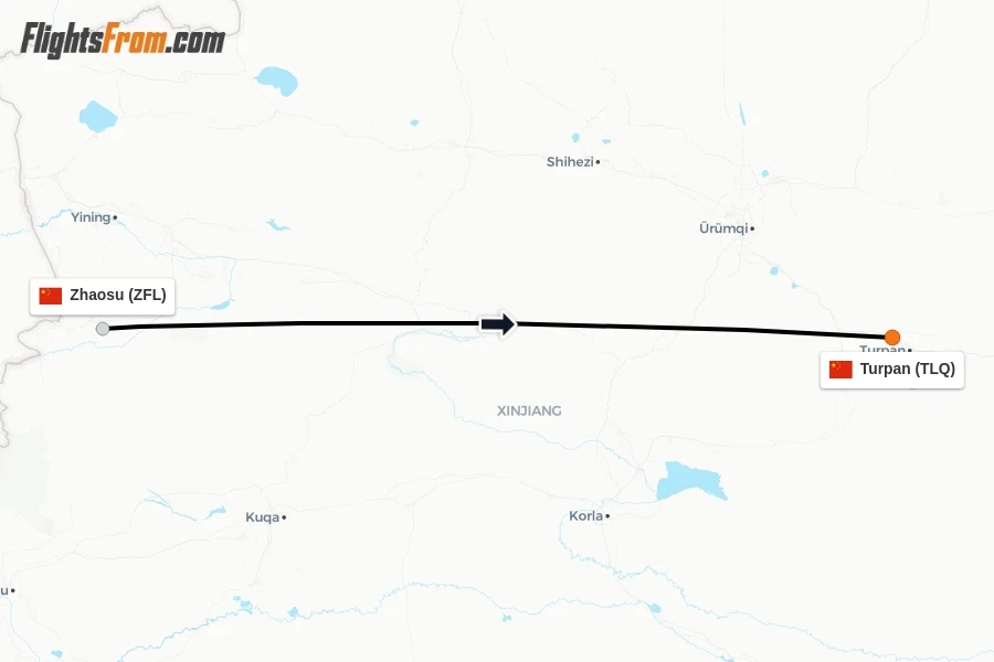 Flights from Zhaosu to Turpan route map