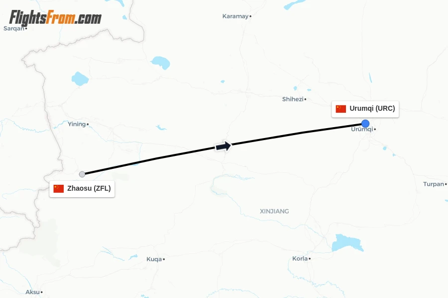 Flights from Zhaosu to Urumqi route map