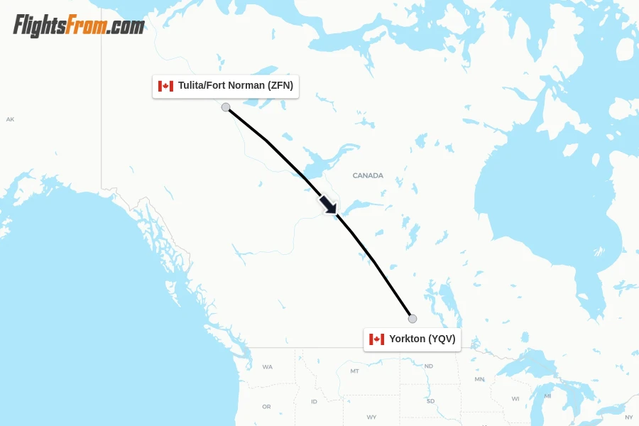 Flights from Tulita/Fort Norman to Yorkton route map