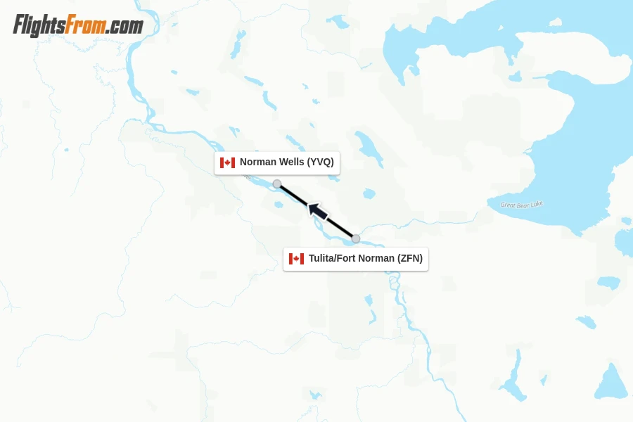 Flights from Tulita/Fort Norman to Norman Wells route map
