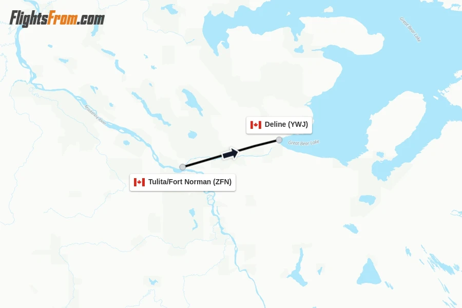 Flights from Tulita/Fort Norman to Deline route map