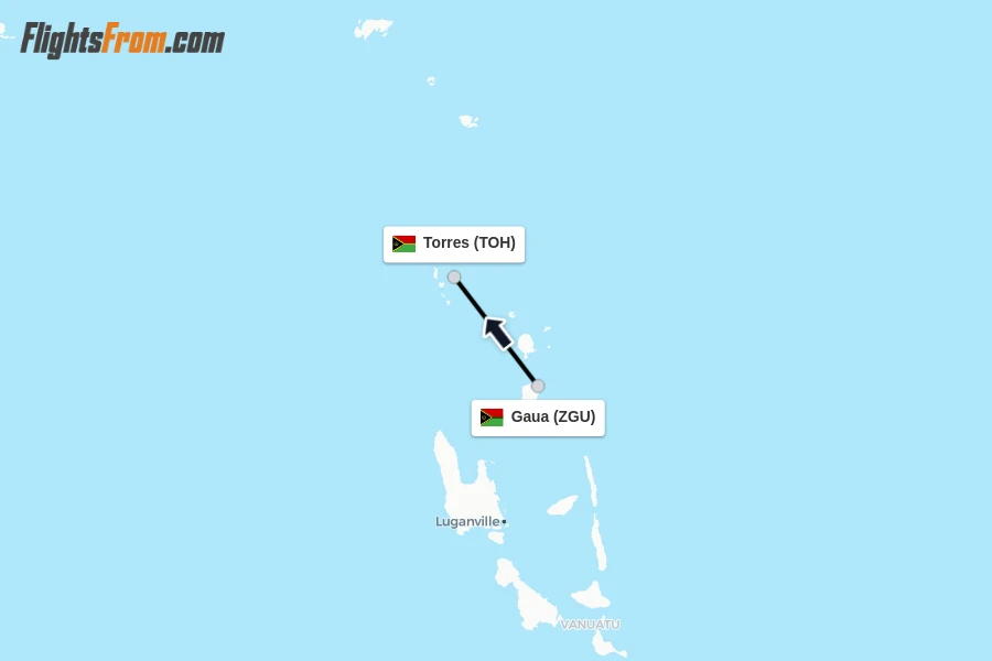 Flights from Gaua to Torres route map