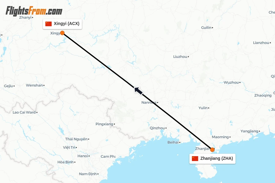 Flights from Zhanjiang to Xingyi route map
