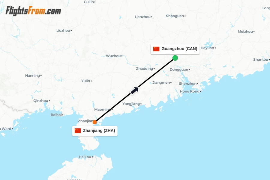 Flights from Zhanjiang to Guangzhou route map