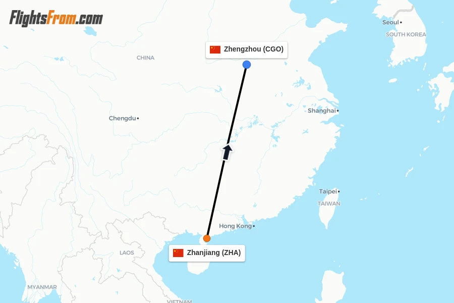 Flights from Zhanjiang to Zhengzhou route map