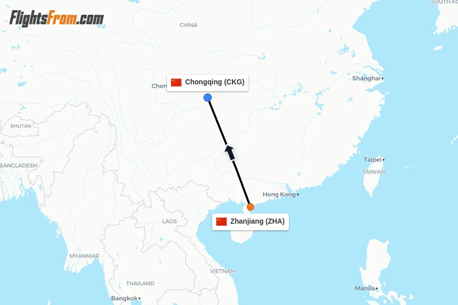 Flights from Zhanjiang to Chongqing route map