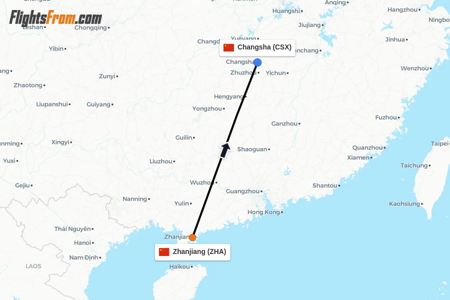 Flights from Zhanjiang to Changsha route map