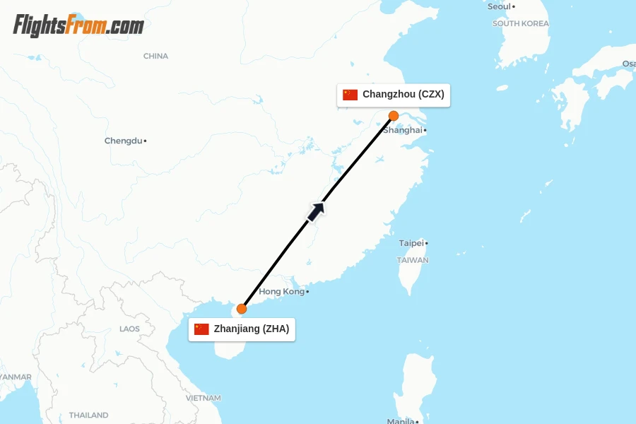 Flights from Zhanjiang to Changzhou route map