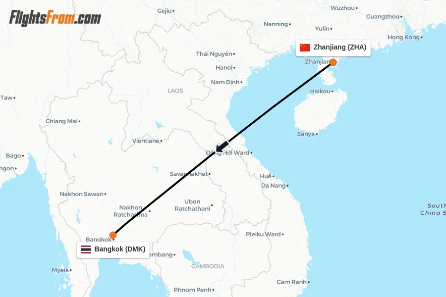 Flights from Zhanjiang to Bangkok route map