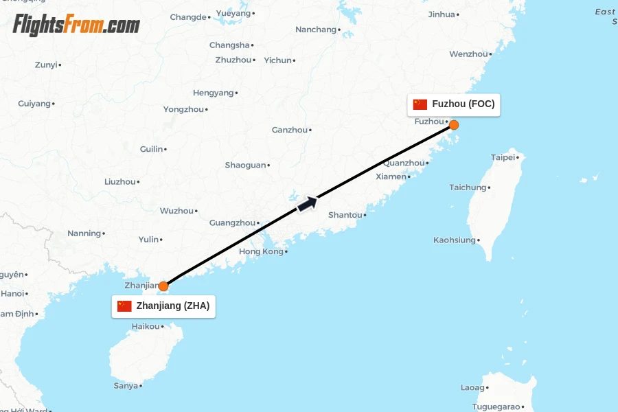 Flights from Zhanjiang to Fuzhou route map