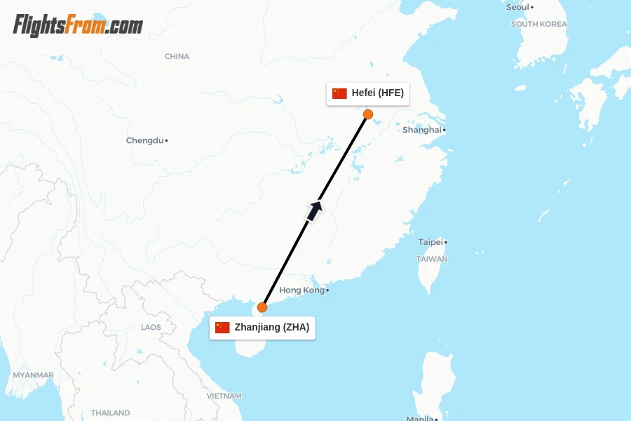 Flights from Zhanjiang to Hefei route map