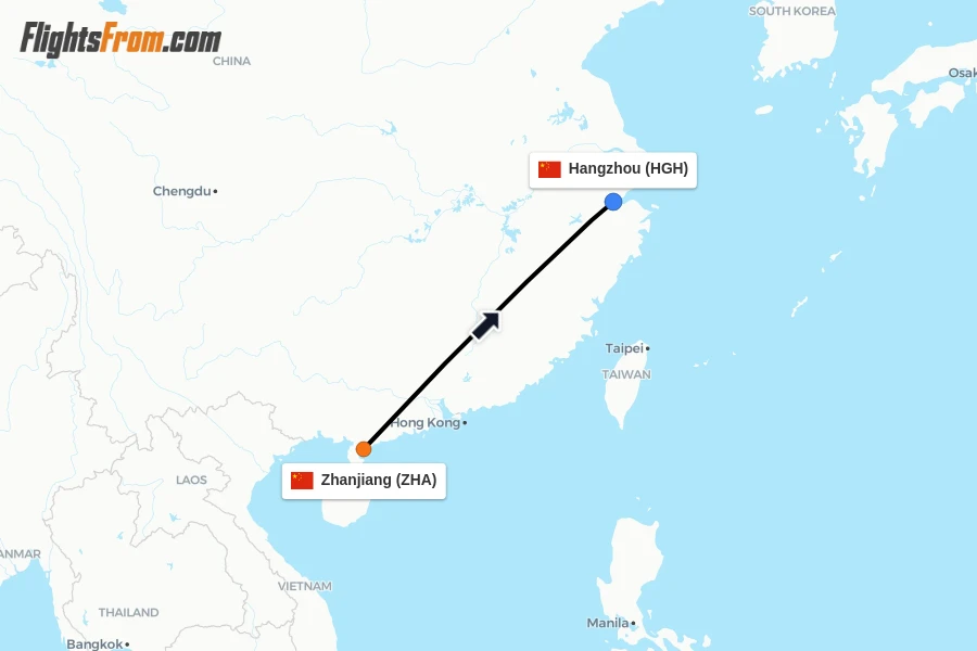 Flights from Zhanjiang to Hangzhou route map