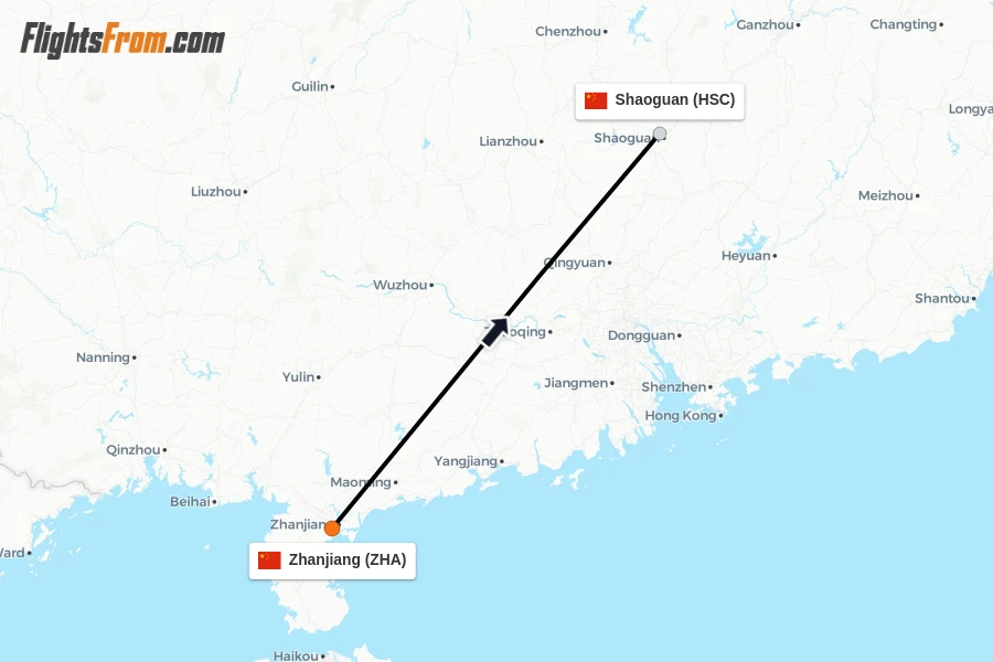 Flights from Zhanjiang to Shaoguan route map