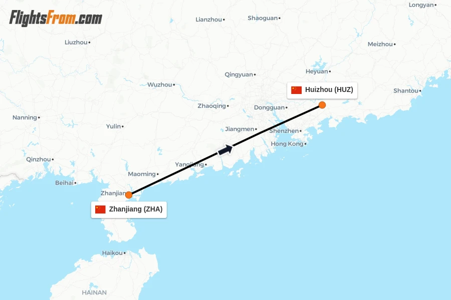 Flights from Zhanjiang to Huizhou route map