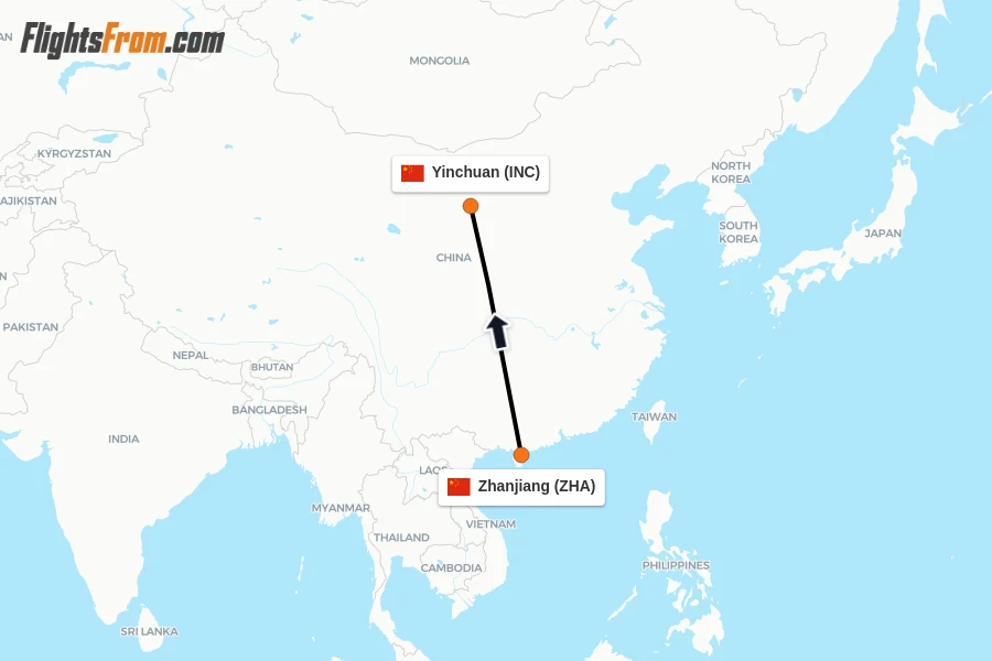 Flights from Zhanjiang to Yinchuan route map