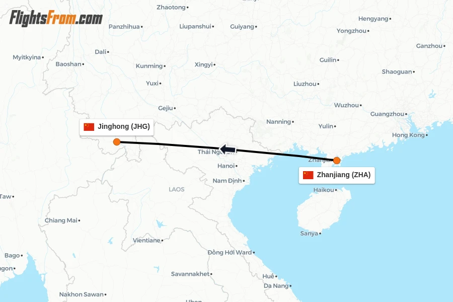 Flights from Zhanjiang to Jinghong route map