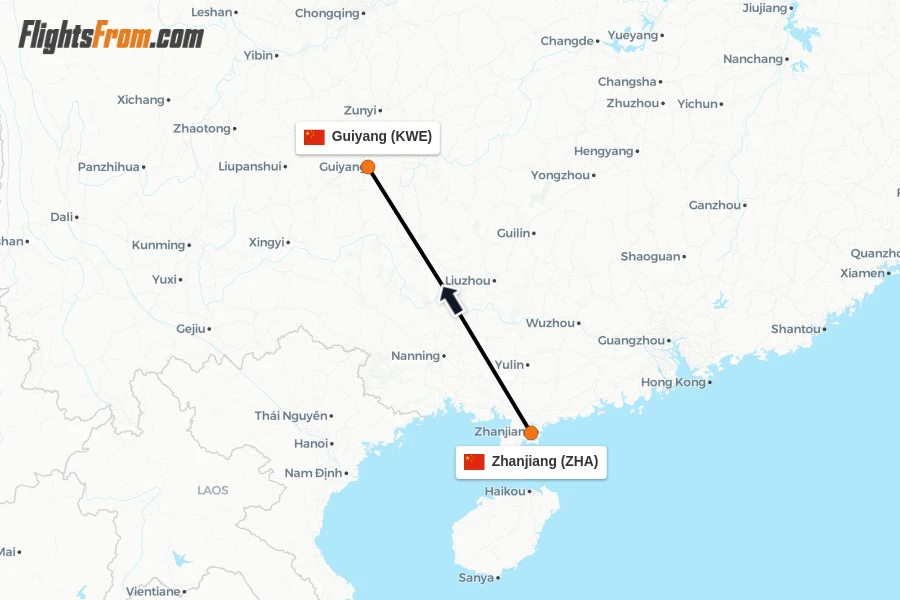 Flights from Zhanjiang to Guiyang route map