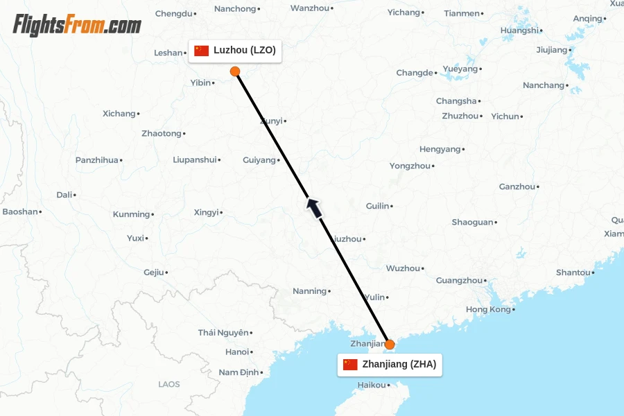 Flights from Zhanjiang to Luzhou route map