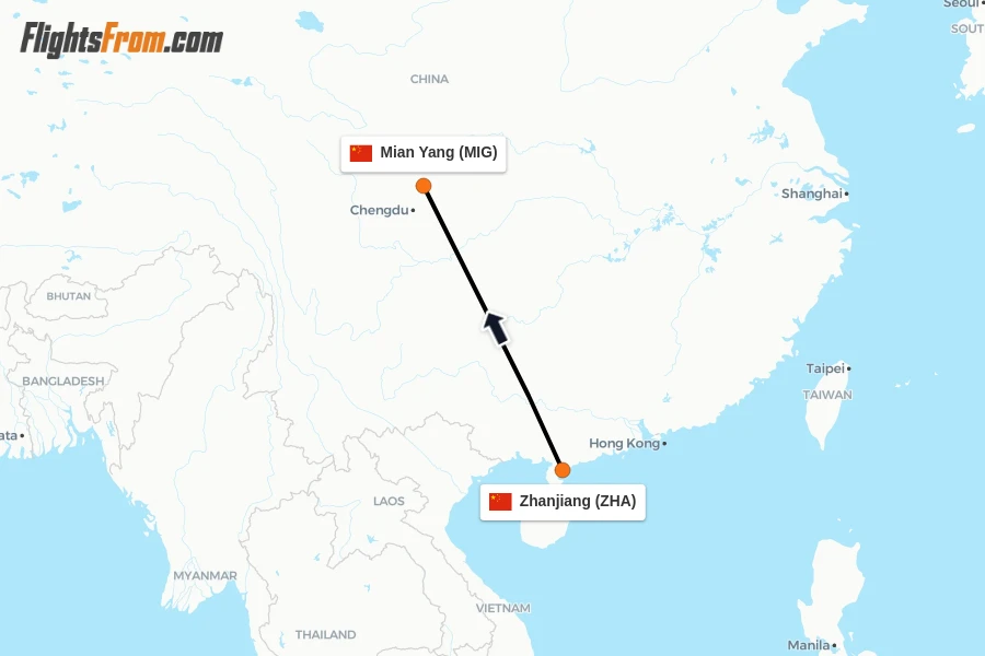 Flights from Zhanjiang to Mian Yang route map