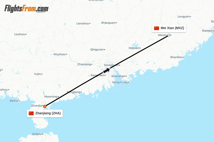 Flights from Zhanjiang to Mei Xian route map