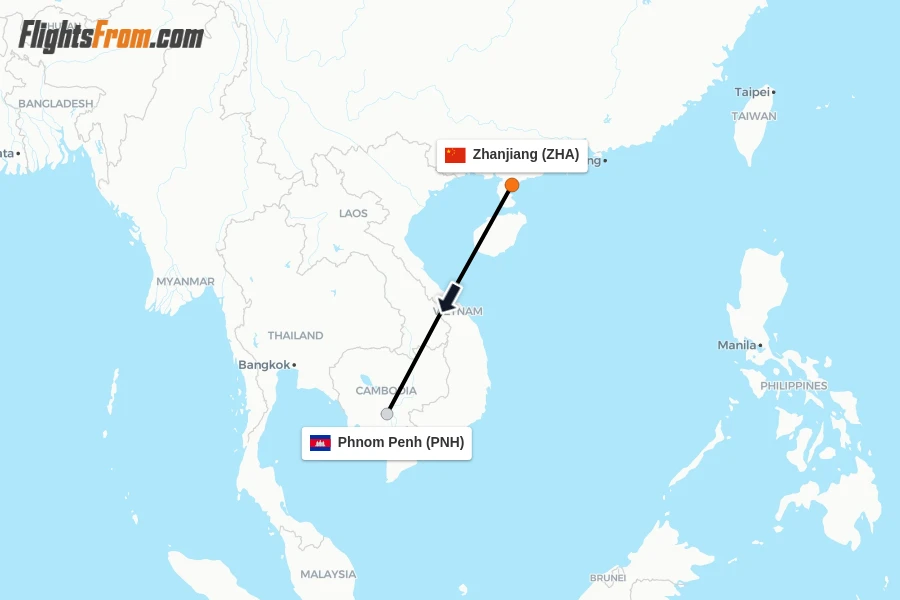 Flights from Zhanjiang to Phnom Penh route map