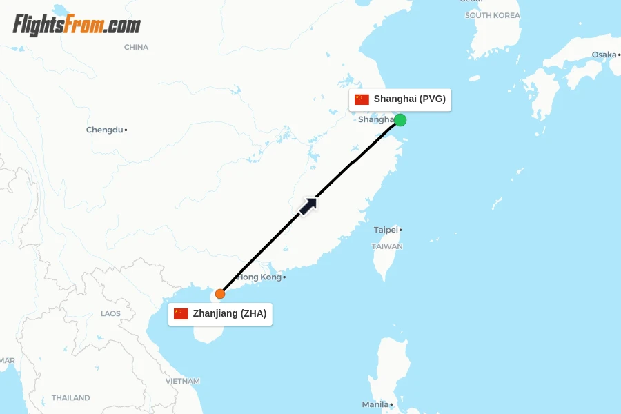 Flights from Zhanjiang to Shanghai route map