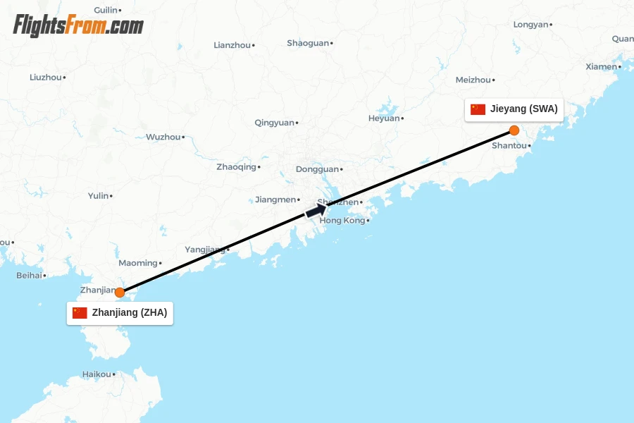 Flights from Zhanjiang to Jieyang route map