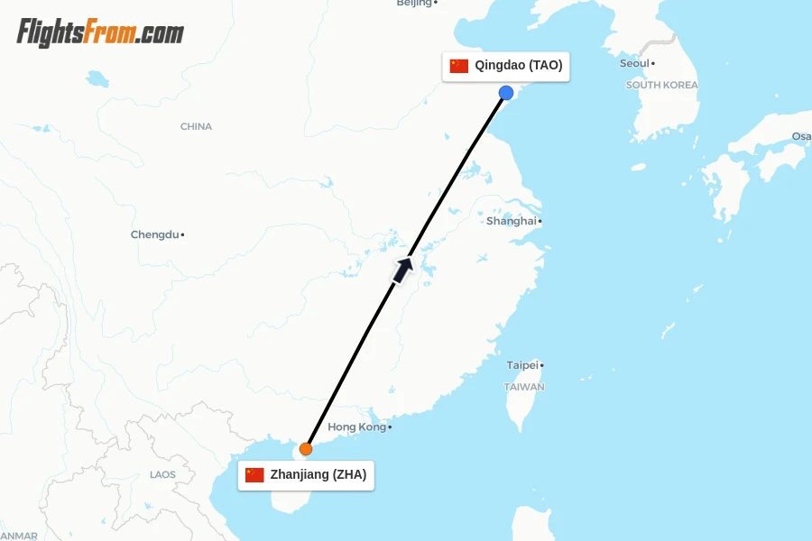 Flights from Zhanjiang to Qingdao route map