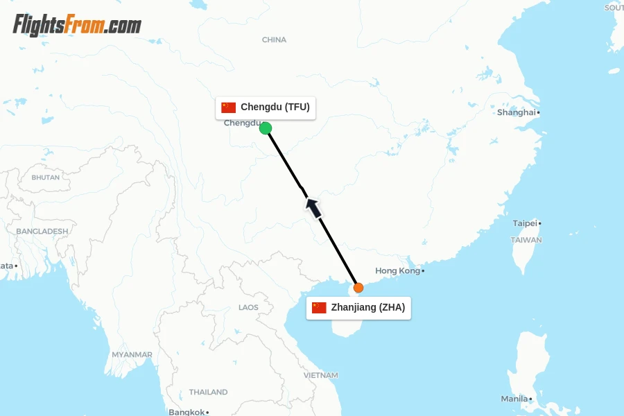 Flights from Zhanjiang to Chengdu route map